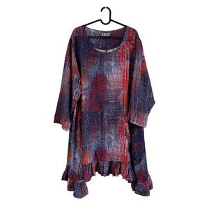 La Bass Germany Lagenlook Art Blue Red Abstract Ruffle Hem Tunic Dress XLarge